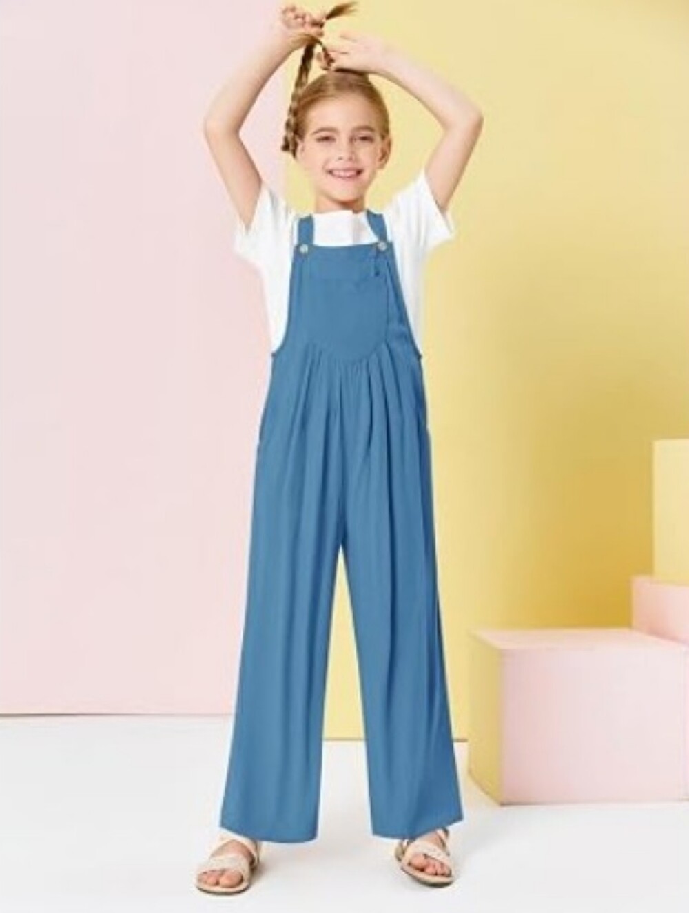 Girls Overalls Kids Casual Sleeveless Wide Leg Jumpsuit Loose Rompers Blue
